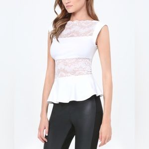 BEBE Women's White Lace Panel Peplum Top